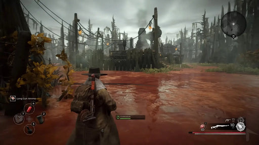 In-game screenshot from Remnant: From the Ashes showing a player character walking through a red swamp in a decaying, post-apocalyptic forest. Buy Remnant: From the Ashes PC Steam CD Key now at RushGame.co for fast digital delivery
