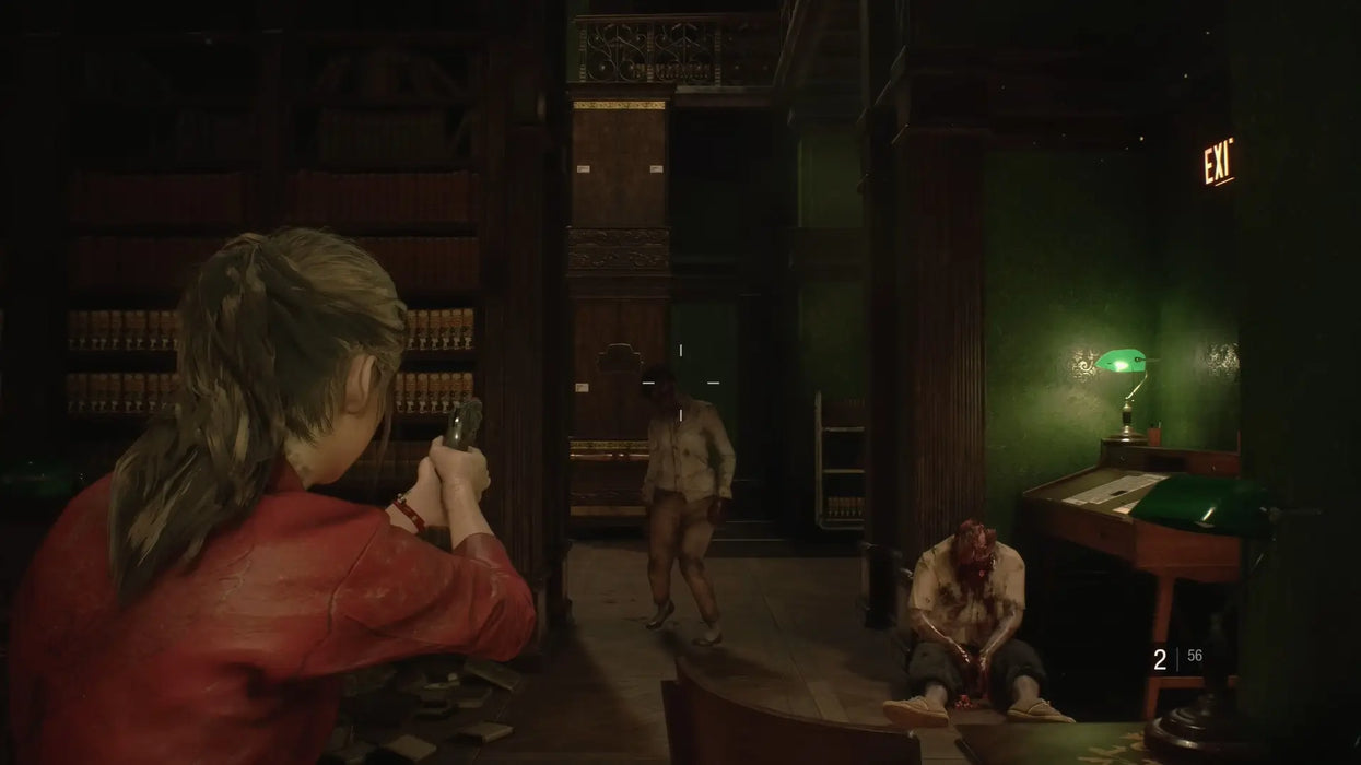 Tense combat moment in Resident Evil 2 Deluxe Edition where Claire Redfield takes aim at a zombie inside the dimly lit RPD library. Grab your Resident Evil 2 Steam CD Key now at RushGame.co and face the horror head-on