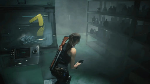 Claire Redfield sneaks through a foggy laboratory room in Resident Evil 2 Deluxe Edition, with a robotic arm visible in the background. Get your digital Steam key for Resident Evil 2 at RushGame.co and uncover the secrets behind the viral outbreak