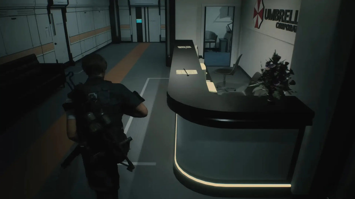 Gameplay screenshot from Resident Evil 2 Deluxe Edition showing Leon S. Kennedy exploring the Umbrella Corporation lab reception area. Buy Resident Evil 2 PC Steam CD Key at RushGame.co for an unforgettable survival horror experience