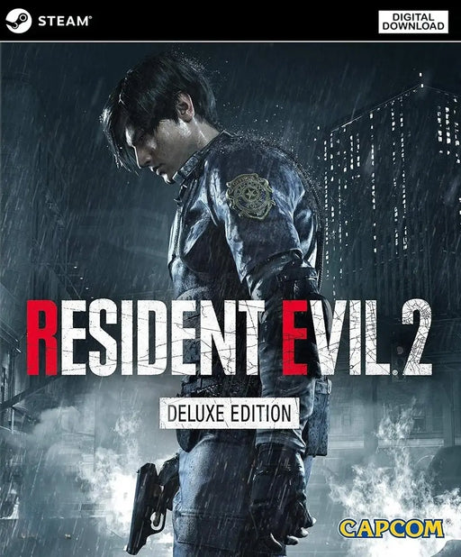 Cover art for Resident Evil 2 Deluxe Edition on PC Steam featuring Leon S. Kennedy standing in the rain with a determined look. Purchase your Resident Evil 2 Steam key today at RushGame.co and dive into the critically acclaimed remake
