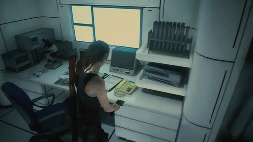 Claire Redfield investigates lab equipment and research documents in a secure laboratory in Resident Evil 2. Unlock the full game with a Steam CD Key available at RushGame.co and experience the terrifying secrets of Umbrella