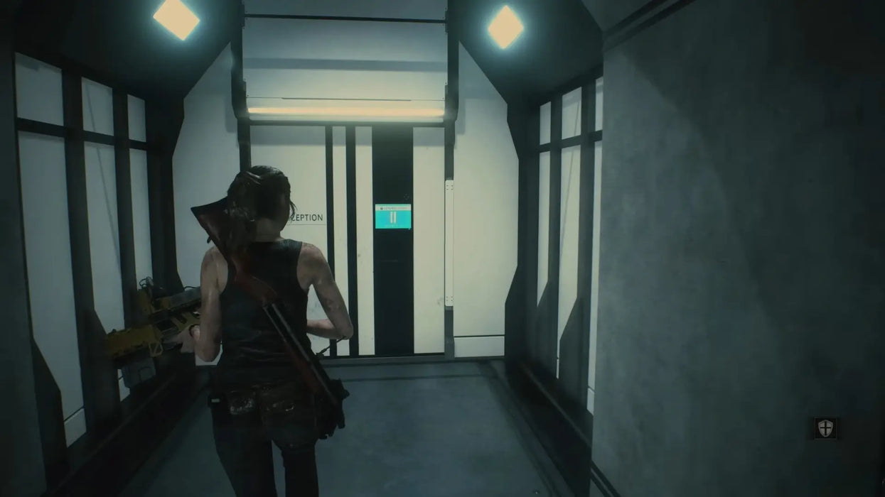 Gameplay from Resident Evil 2 showing Claire walking through a sterile corridor toward the lab reception inside Umbrella’s underground facility. Buy Resident Evil 2 PC Steam key instantly at RushGame.co and uncover the biohazard conspiracy
