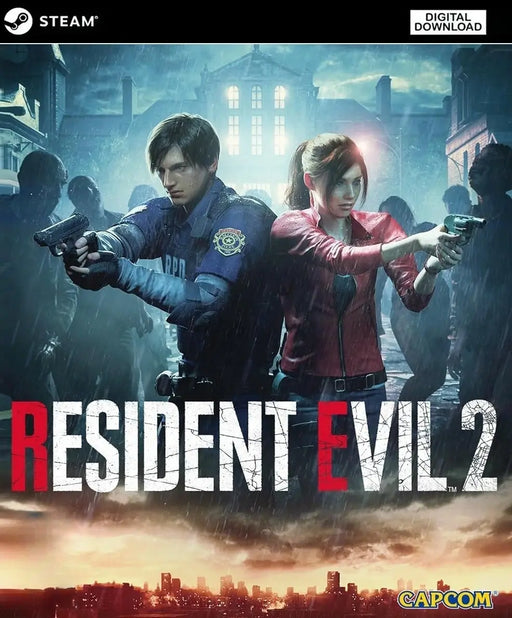 Cover image for Resident Evil 2 on PC Steam, featuring Claire Redfield and Leon S. Kennedy ready for battle in the rain, surrounded by zombies. Purchase your Resident Evil 2 Steam CD Key today at RushGame.co for fast digital delivery
