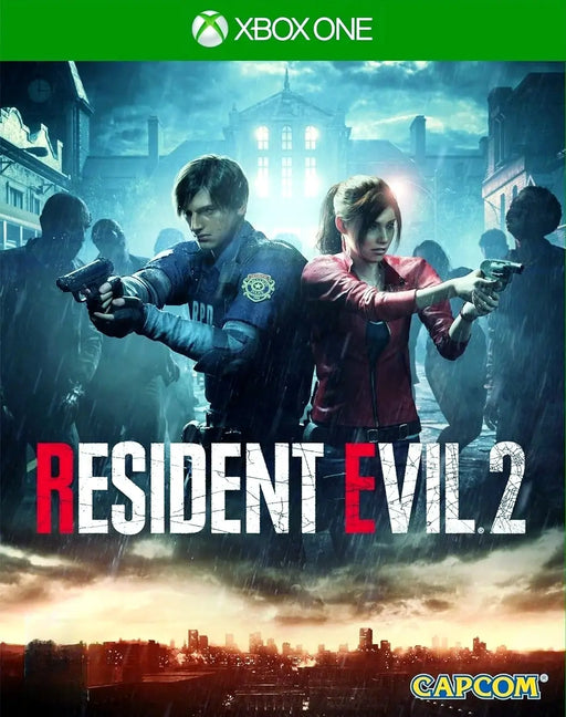 Cover art for Resident Evil 2 on Xbox One, featuring Leon and Claire standing back-to-back, aiming their weapons as a horde of zombies approaches. Grab your Xbox CD Key now from RushGame.co for immediate digital download and gameplay