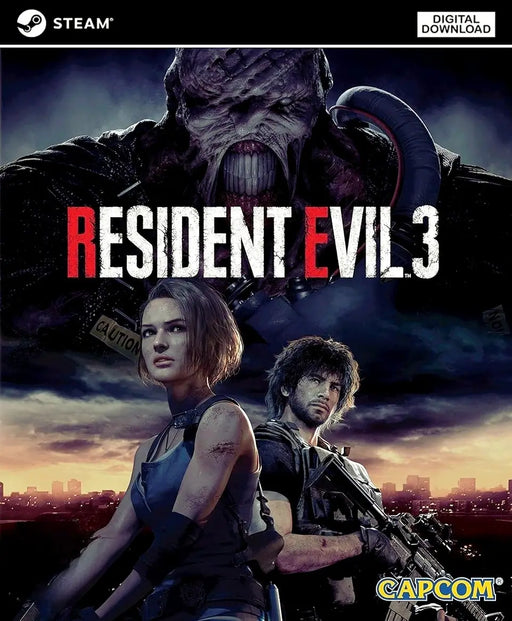 Official cover art for Resident Evil 3 on PC Steam, featuring Jill Valentine, Carlos Oliveira, and the fearsome Nemesis looming in the background. Purchase your Steam CD Key today at RushGame.co and battle your way through chaos