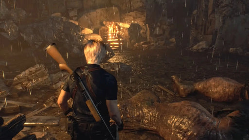In-game screenshot from Resident Evil 4 (2023) Deluxe Edition showing Leon S. Kennedy in a dark cave surrounded by rain and fallen enemies. Buy Resident Evil 4 Deluxe Edition PC Steam CD Key at RushGame.co for instant digital delivery