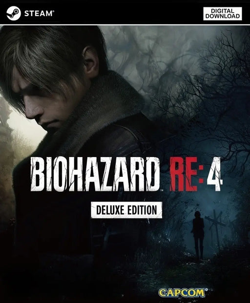 Official cover art for Resident Evil 4 (2023) Deluxe Edition PC Steam, featuring Leon S. Kennedy in a foggy forest. Instantly download the Deluxe Edition CD Key from RushGame.co and relive this survival horror classic