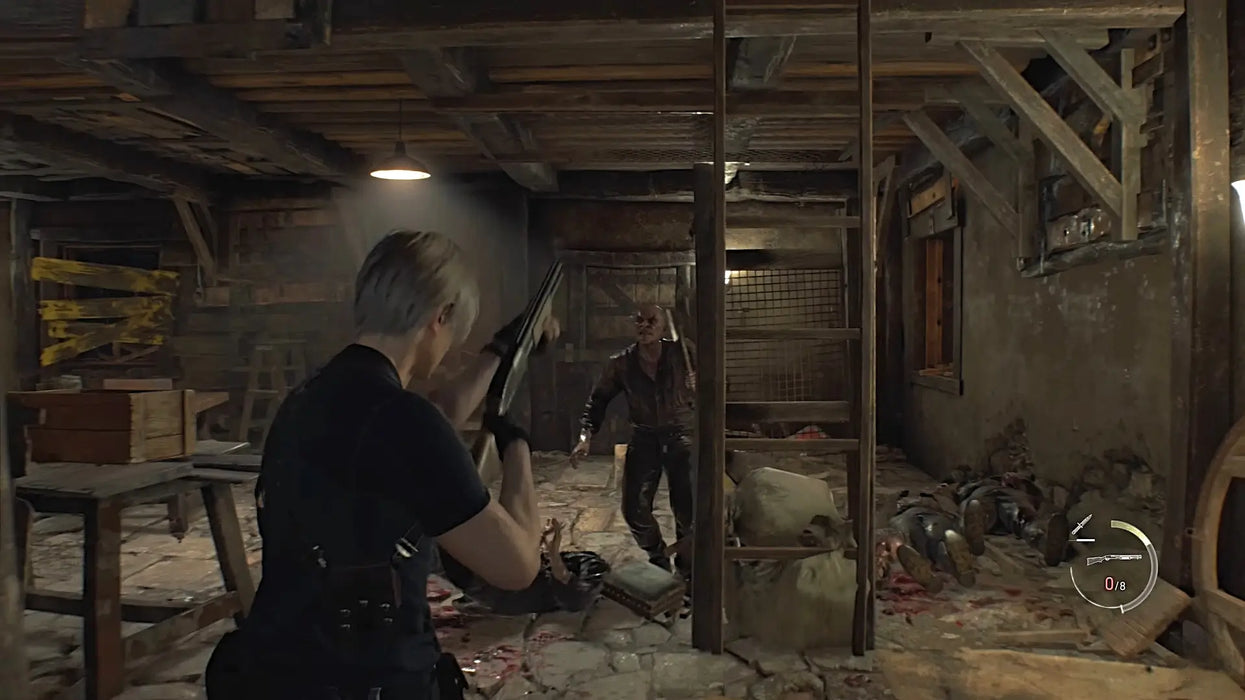 Close-quarters combat with a villager in a dark room – Intense moment from Resident Evil 4 (2023) Deluxe Edition as Leon confronts an infected villager in a cluttered cabin. Get your Xbox Series key now at RushGame.co for a thrilling horror experience