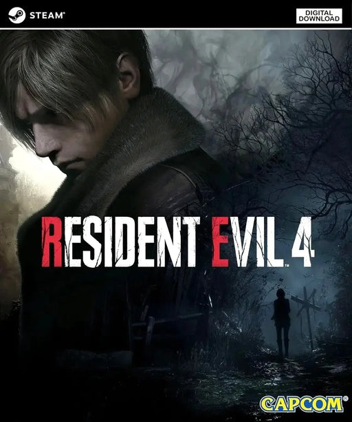 Cover art for Resident Evil 4 (2023) on PC, featuring Leon in a misty forest, setting the tone for a dark survival horror experience. Activate your Steam key now via RushGame.co
