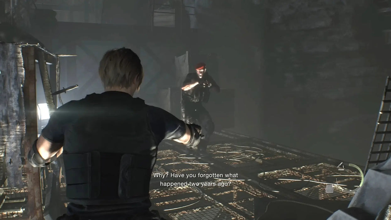 Leon faces off against a hostile soldier wearing a red beret in a dramatic confrontation scene from Resident Evil 4 (2023) on Xbox Series X/S. Purchase the CD key now at RushGame.co