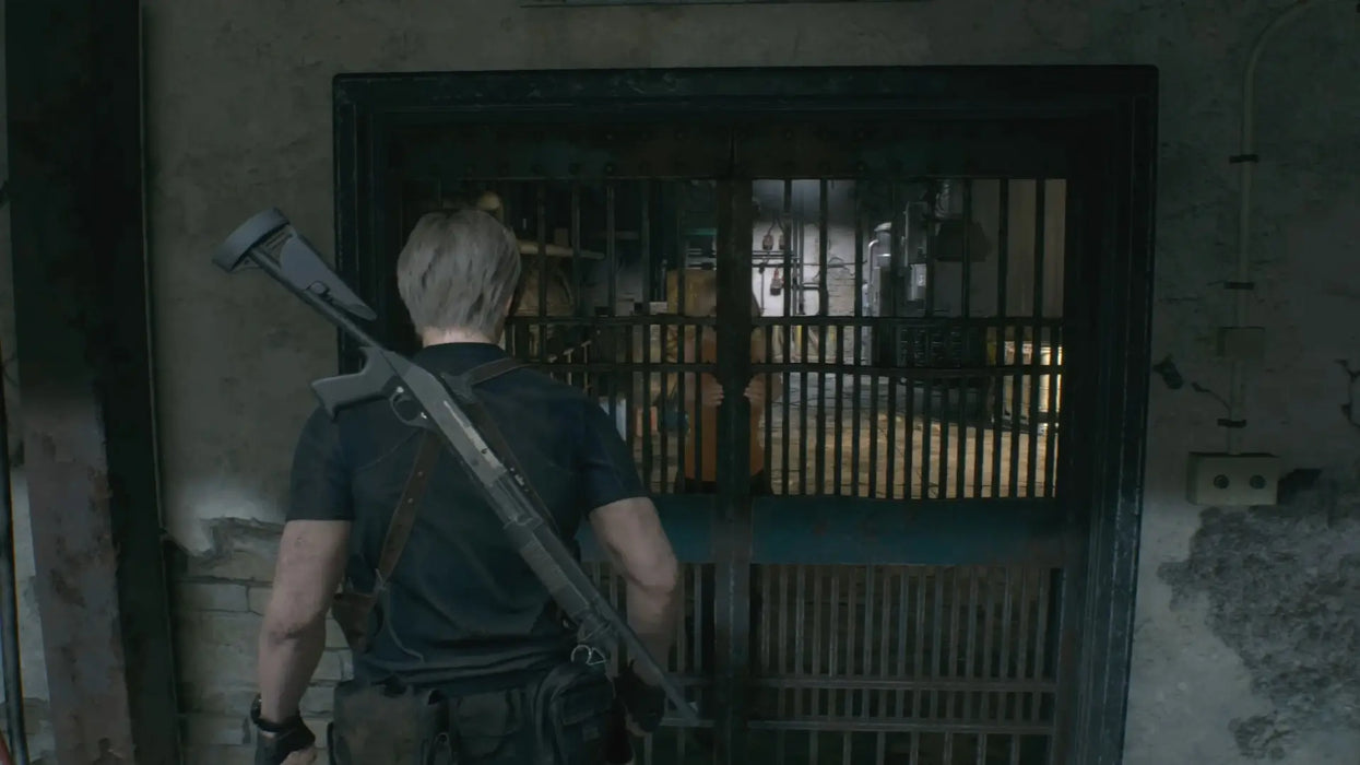 Leon S. Kennedy approaches a locked cell door with Ashley trapped inside, showcasing a tense rescue moment from Resident Evil 4 (2023) on Xbox Series X/S. Buy your digital CD key now at RushGame.co