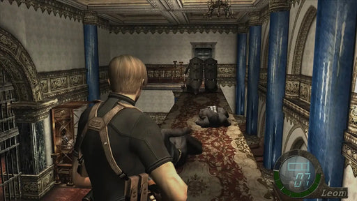 Screenshot from Resident Evil 4: Ultimate HD Edition showing Leon S. Kennedy in a gothic hall, aiming at shielded enemies — experience this iconic survival horror with a Steam CD Key from RushGame.co