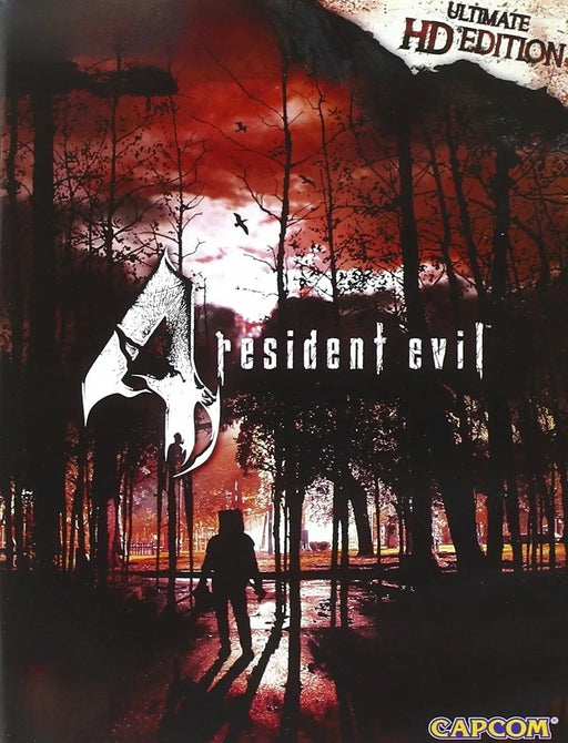 Promotional cover for Resident Evil 4: Ultimate HD Edition for PC Steam, featuring a silhouetted figure in a dark, blood-red forest — buy the game key now at RushGame.co