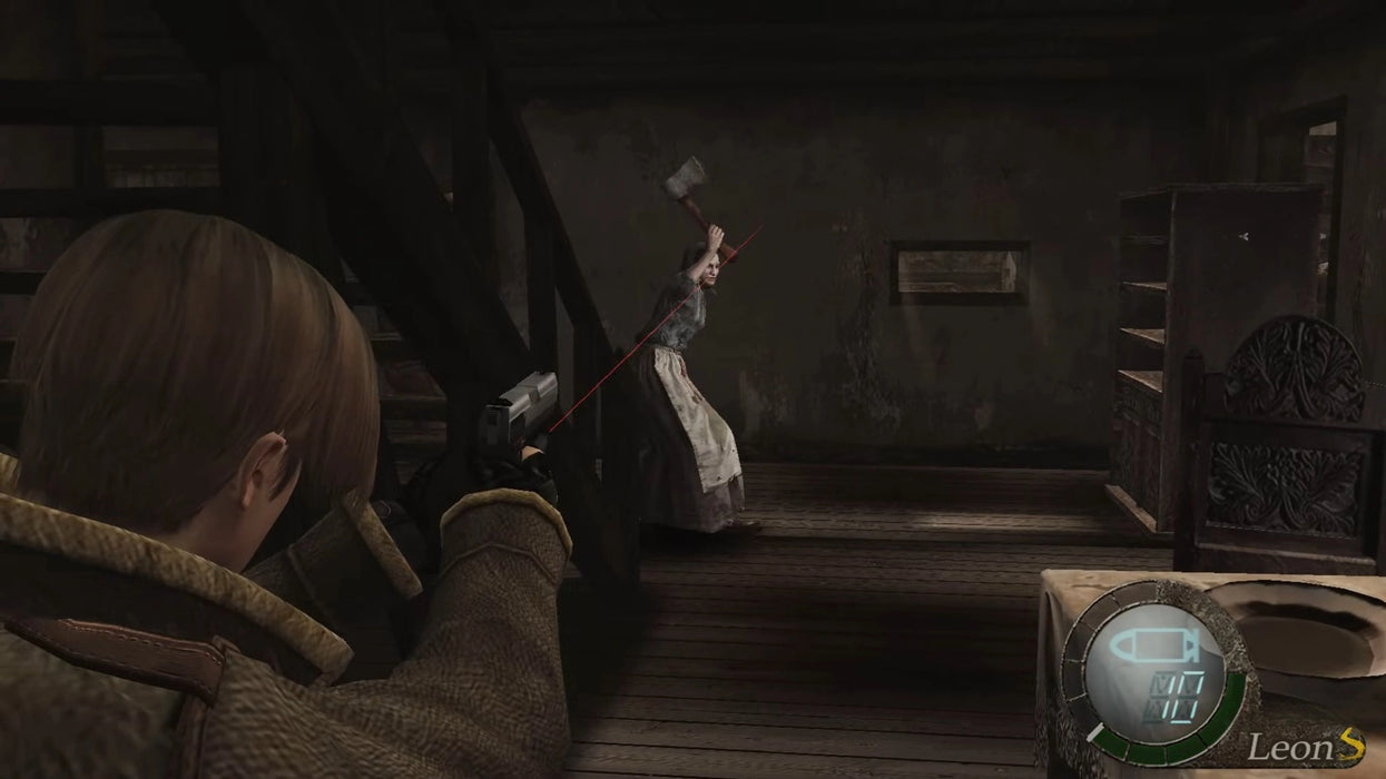 Leon S. Kennedy aims his handgun at a crazed villager woman attacking with an axe inside a decaying house in Resident Evil 4. Get your Xbox One digital key for Resident Evil 4 at RushGame.co