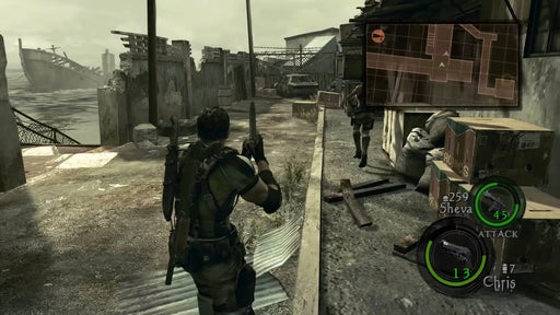 In-game moment from Resident Evil 5 Gold Edition PC Steam, highlighting co-op teamwork between Chris and Sheva during a tense firefight. Purchase your CD key at RushGame.co to enjoy this enhanced edition packed with DLC extras