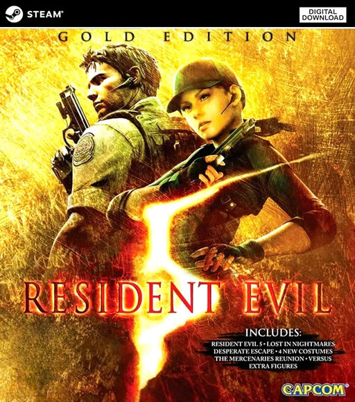 Cover art from Resident Evil 5 Gold Edition for PC Steam, featuring Chris Redfield and Jill Valentine in combat-ready stances. Buy the digital CD key now at RushGame.co and unlock intense survival action with bonus content included