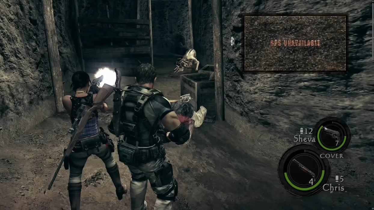 Resident Evil 5 Xbox One gameplay showing Chris and Sheva fighting grotesque enemies in a dark underground tunnel — unlock full cooperative play with a CD key from RushGame.co