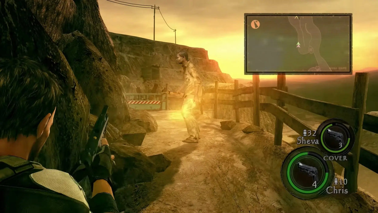 A tense sunset encounter in Resident Evil 5 for Xbox One as Chris aims at an enemy on a winding cliffside path — experience the atmospheric action with your CD key from RushGame.co