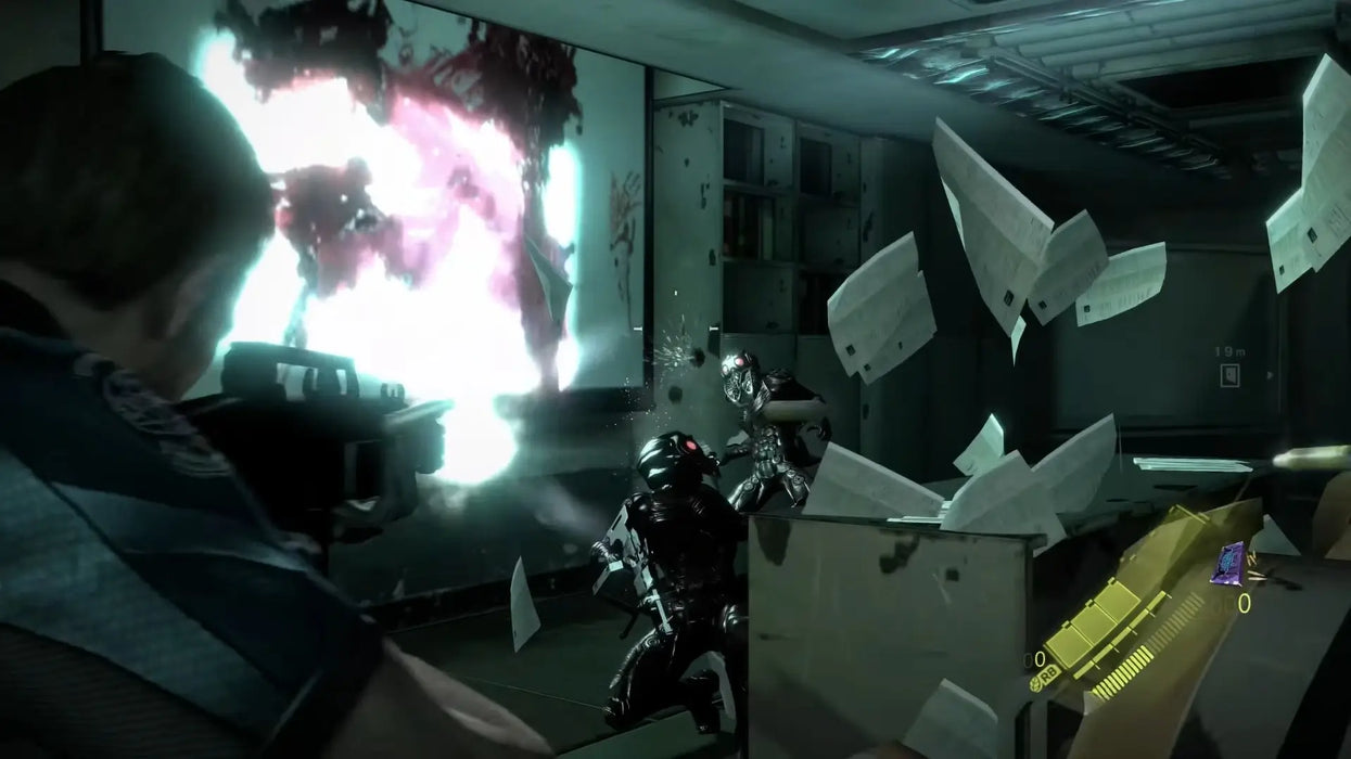 Gameplay image from Resident Evil 6 (PC Steam) featuring a dramatic firefight in a destroyed office, with explosions and enemies in tactical gear. Get your Resident Evil 6 digital key on RushGame.co and fight through chaos and infection