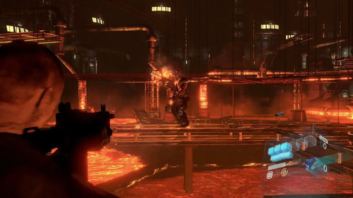 In-game screenshot from Resident Evil 6 (PC Steam) showing intense combat in a lava-filled industrial facility, as the player battles a mutated enemy. Secure your Steam CD key for Resident Evil 6 now at RushGame.co and jump into the action