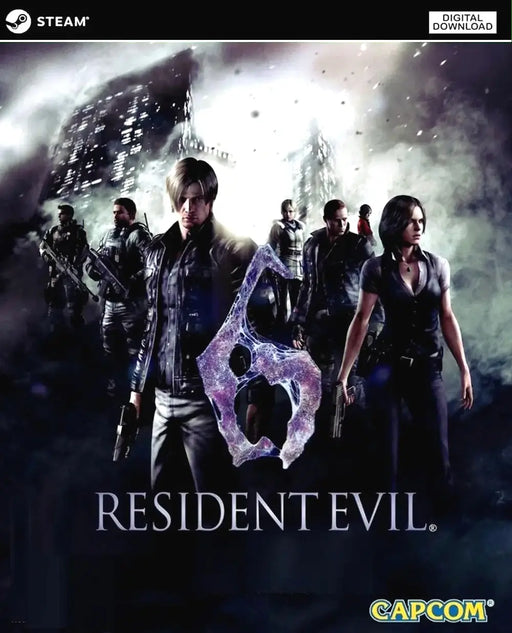 Cover image for Resident Evil 6 on PC Steam, showcasing main characters Leon, Chris, Ada, and others standing in front of a misty cityscape. Buy your digital Resident Evil 6 Steam key today at RushGame.co and face the global bioterror threat