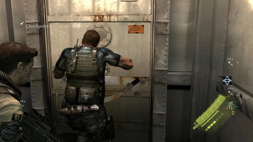 In-game screenshot from Resident Evil 6 on Xbox One showing a character opening a sealed door labeled “Checkpoint,” hinting at tense mission progress. Buy your Xbox One CD Key for Resident Evil 6 now at RushGame.co and face action-packed moments