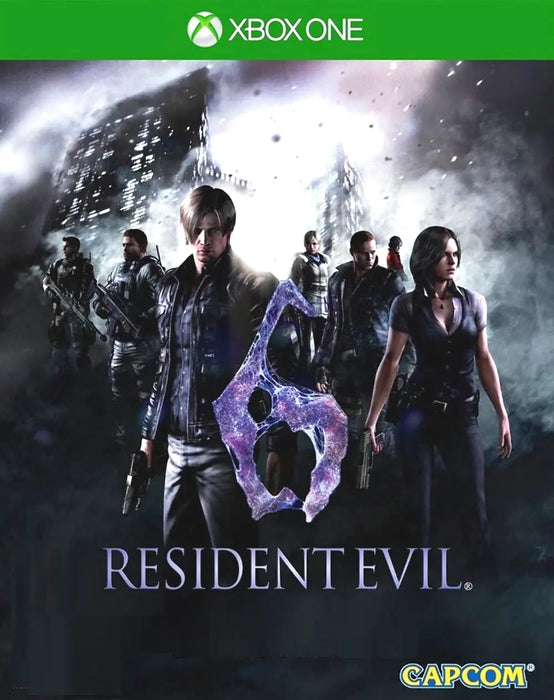 Cover art of Resident Evil 6 for Default Title featuring the main characters standing in a foggy city skyline, representing the multiple protagonists and interconnected campaigns. Get your Resident Evil 6 Default Title CD Key US today at RushGame.co for a thrilling co-op horror experience