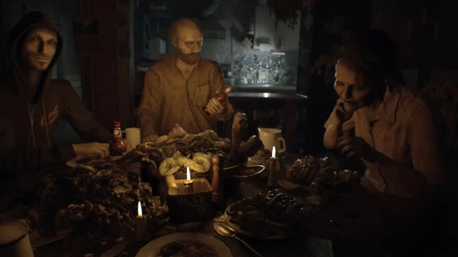 Disturbing dinner scene with the Baker family from Resident Evil 7: Biohazard Gold Edition, showcasing the horror atmosphere of the PC Steam edition. Available at RushGame.co