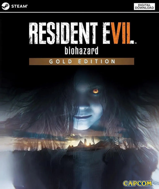 Cover art for Resident Evil 7: Biohazard Gold Edition on PC Steam, featuring a haunting female figure with glowing eyes. Buy the digital game key now at RushGame.co