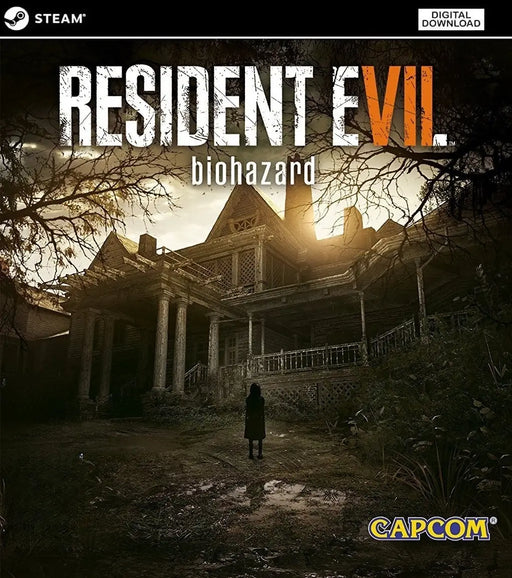 Resident Evil 7: Biohazard PC Steam cover art featuring a mysterious mansion at dusk with a lone figure standing outside. Buy the digital download key now at RushGame.co