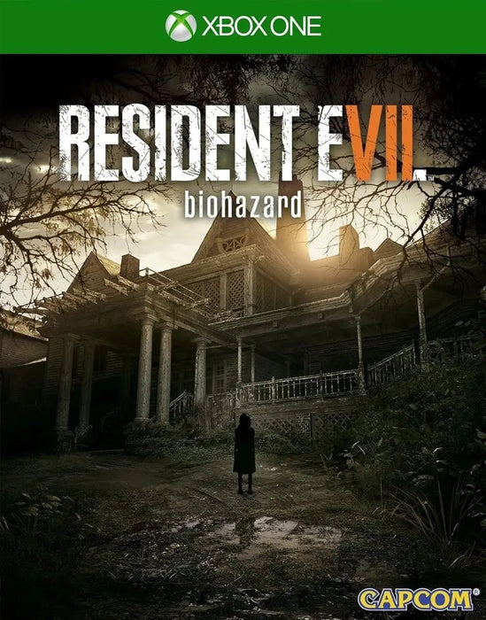 Resident Evil 7: Biohazard Xbox One cover art showcasing the eerie Baker mansion at dusk, now available as a US CD key at RushGame.co