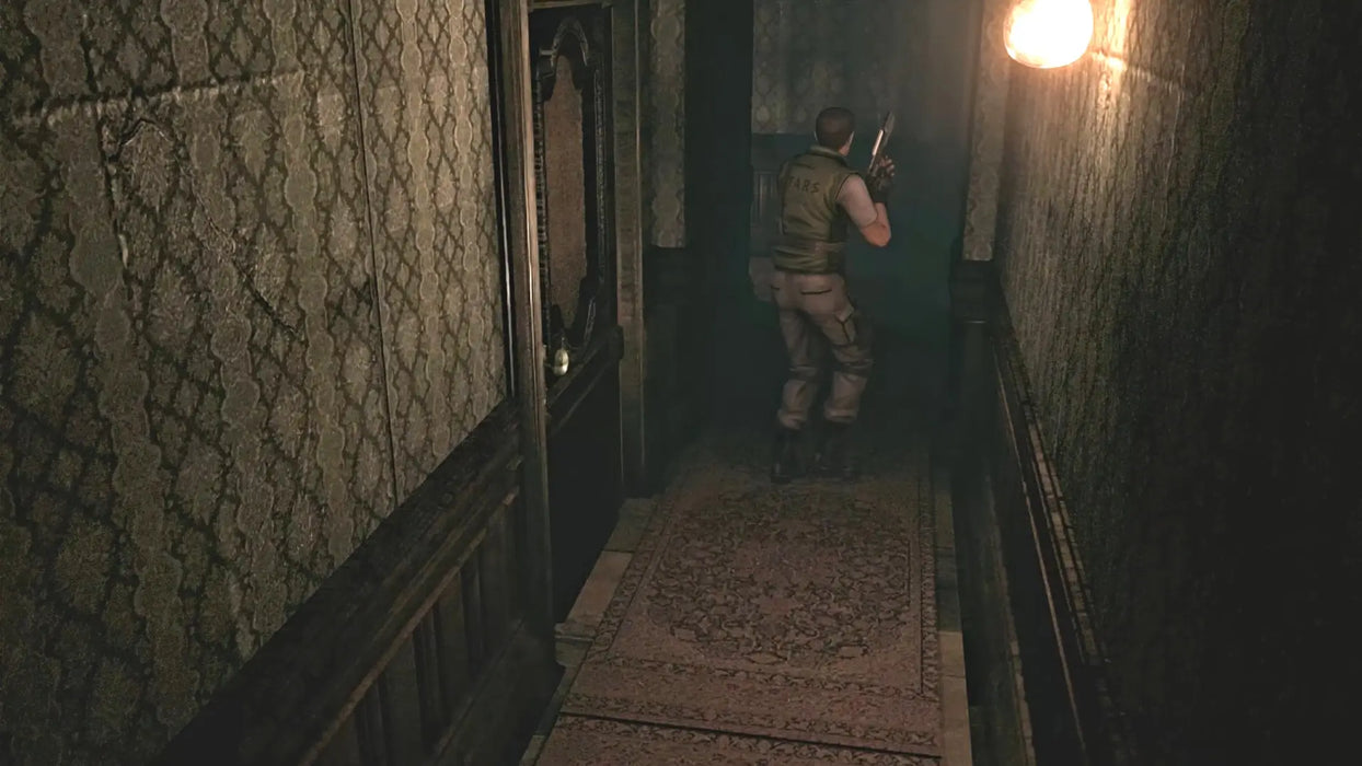 lassic survival horror ambiance as the player explores a dimly lit hallway in Resident Evil HD Remaster. Available now on PC Steam at RushGame.co
