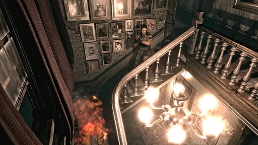 Player character ascends the stairs while a zombie burns below in Resident Evil HD Remaster. Get your PC Steam CD key and relive the horror at RushGame.co