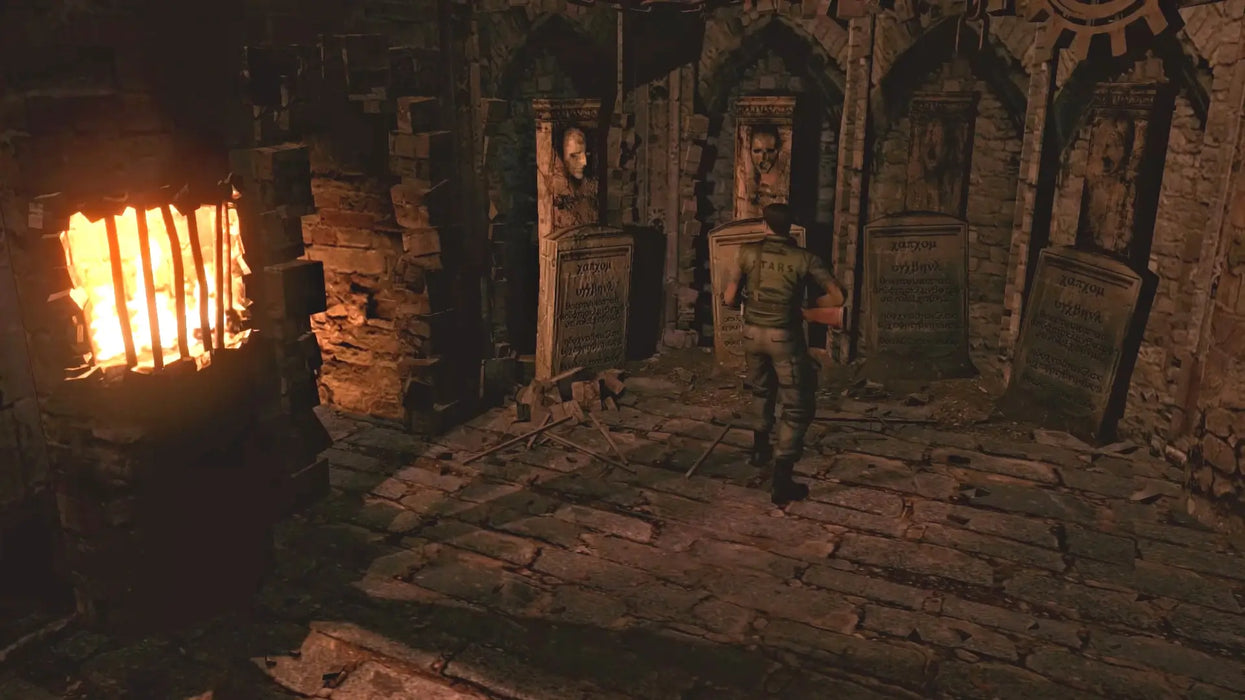 In-game screenshot from Resident Evil HD Remaster featuring a puzzle room with eerie statues and a fiery trap. Explore classic survival horror on PC Steam with a key from RushGame.co