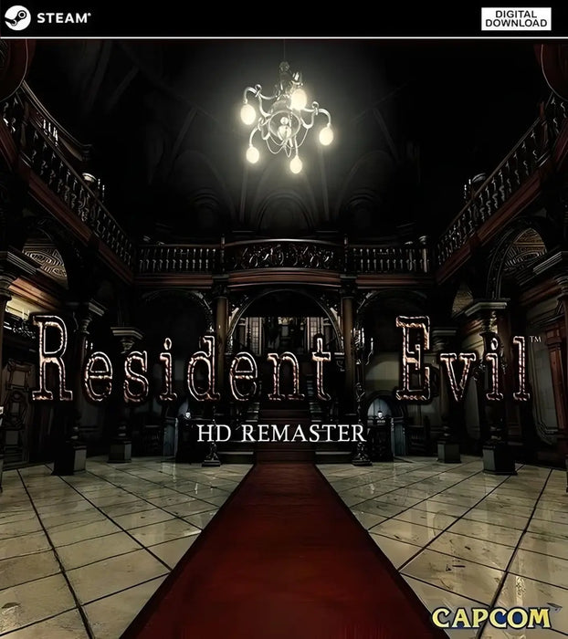 Resident Evil HD Remaster PC Steam cover art showing the iconic Spencer Mansion lobby with a grand chandelier and red carpet. Buy the digital CD key now at RushGame.co