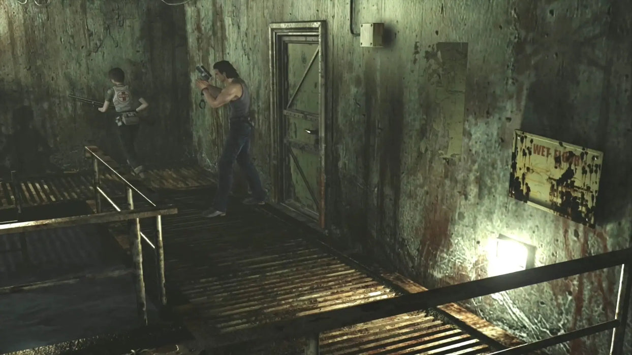 Gameplay scene from Resident Evil 0 showing the duo navigating a corroded metal walkway inside a derelict facility. Play the Origins Collection now on PC with a key from RushGame.co