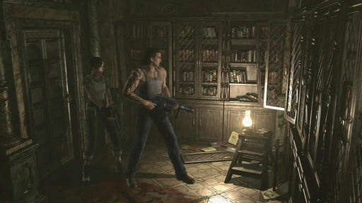 Rebecca Chambers and Billy Coen investigate a dimly lit library room in Resident Evil 0, part of the Origins Collection for PC Steam. Get your game key at RushGame.co