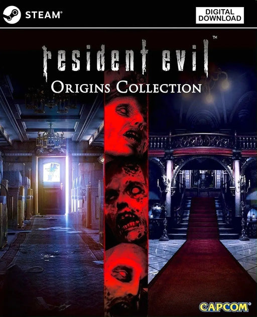  cover art for Resident Evil Origins Collection on PC Steam, featuring iconic zombie imagery and scenes from the mansion and train. Buy the digital CD key now at RushGame.co