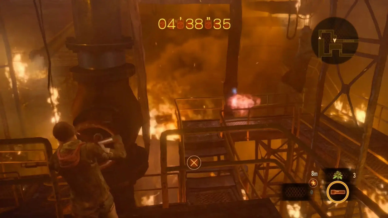 In-game screenshot from Resident Evil Revelations 2 Deluxe Edition on PC, showing a countdown scene amid blazing fire and industrial chaos. Get your Steam key instantly at RushGame.co