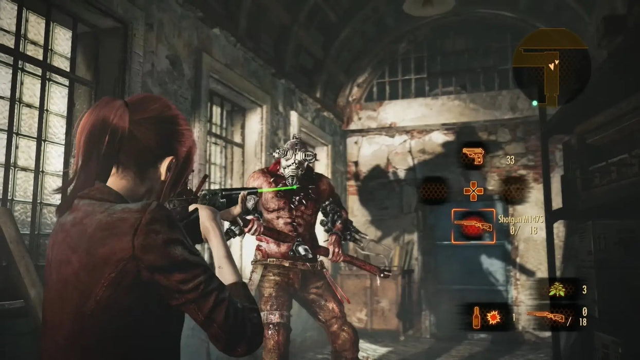 Scene from Resident Evil Revelations 2 Deluxe Edition for PC Steam showing a character facing off against a brutal enemy in a blood-stained corridor. Buy the deluxe edition Steam key now at RushGame.co for full horror content