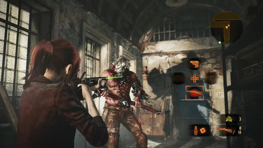 Scene from Resident Evil Revelations 2 Deluxe Edition for PC Steam showing a character facing off against a brutal enemy in a blood-stained corridor. Buy the deluxe edition Steam key now at RushGame.co for full horror content