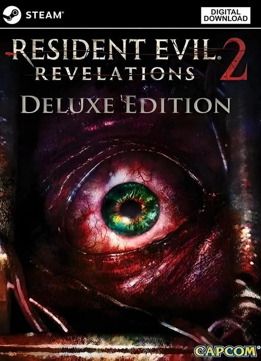 Cover image of Resident Evil Revelations 2 Deluxe Edition for PC Steam featuring a terrifying close-up of a mutated eye—highlighting the horror atmosphere of the game. Purchase the Steam CD key now at RushGame.co for instant digital delivery