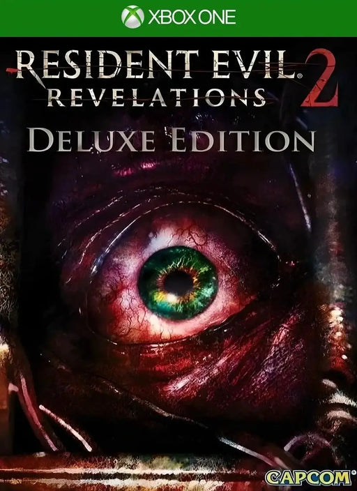 cover of Resident Evil Revelations 2 Deluxe Edition for Xbox One, featuring the terrifying eye of a mutated creature. Buy your US Xbox CD key now at RushGame.co for instant delivery