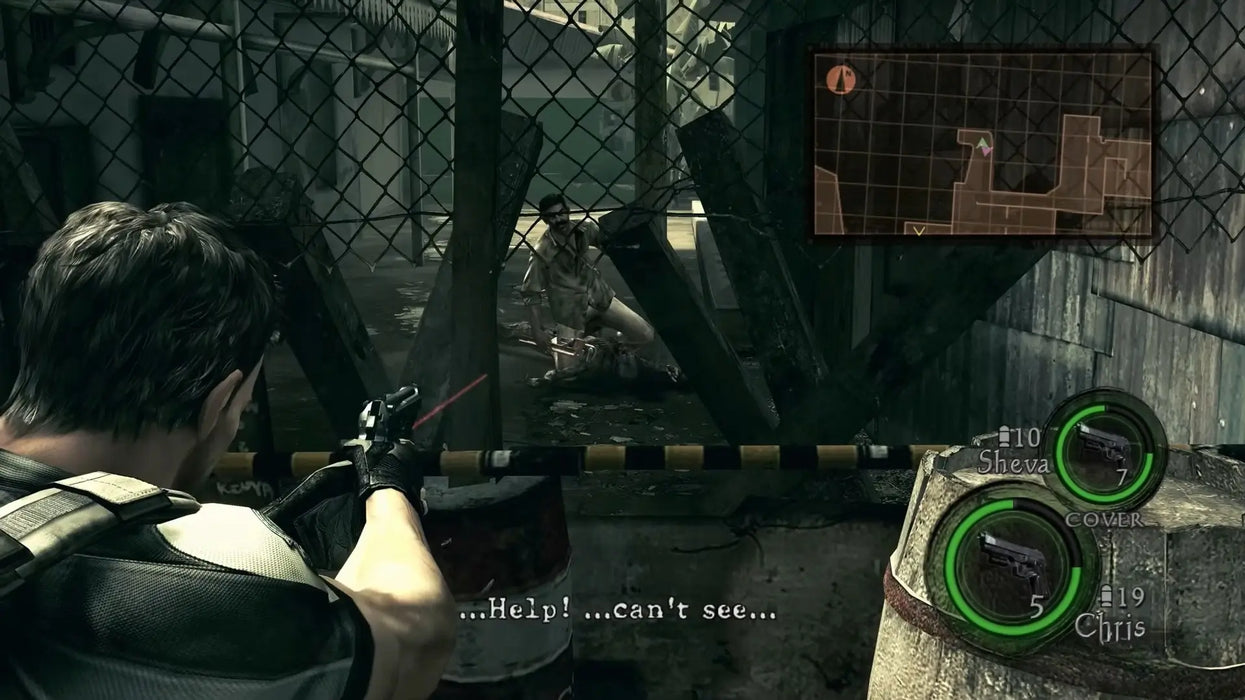 In-game scene from Resident Evil 5 with Chris Redfield aiming at an infected villager behind a gate – experience the action-horror series with a CD key from RushGame.co.
