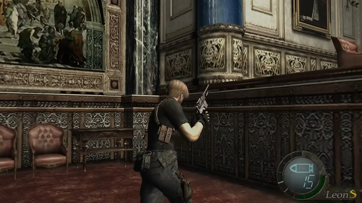 Resident Evil 4 gameplay showcasing Leon Kennedy inside a gothic castle, preparing to engage armored enemies – download the Resident Evil Triple Pack instantly at RushGame.co
