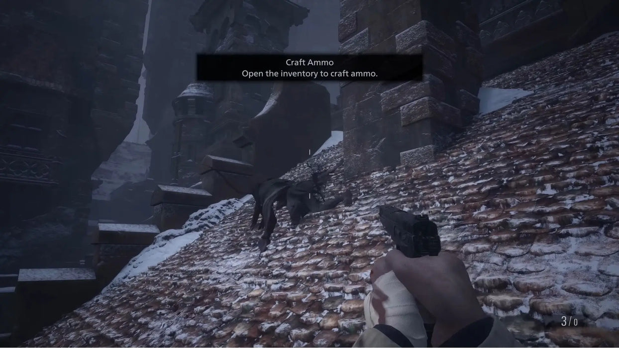 Combat scene in Resident Evil Village on a snowy rooftop with a hostile creature attacking. Get your Resident Evil Village Xbox CD Key instantly at RushGame.co
