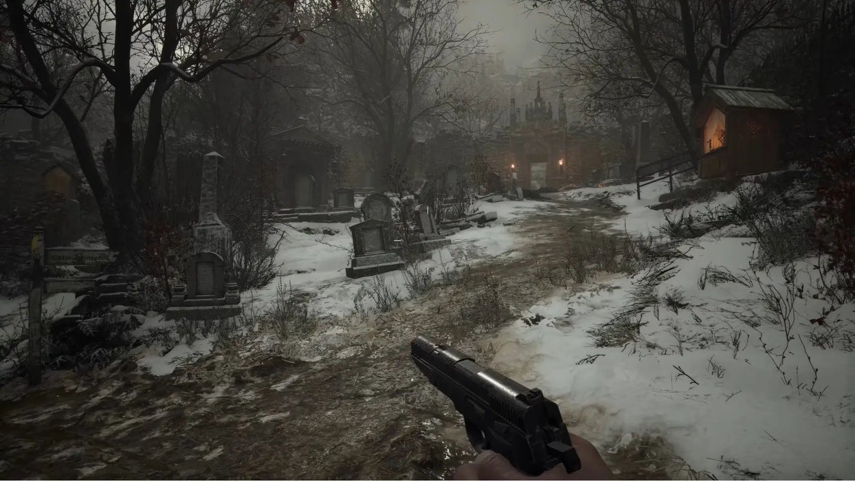 In-game screenshot from Resident Evil Village showing a snowy graveyard path and pistol in hand. Buy Resident Evil Village Xbox Series X|S CD Key now at RushGame.co for instant digital delivery