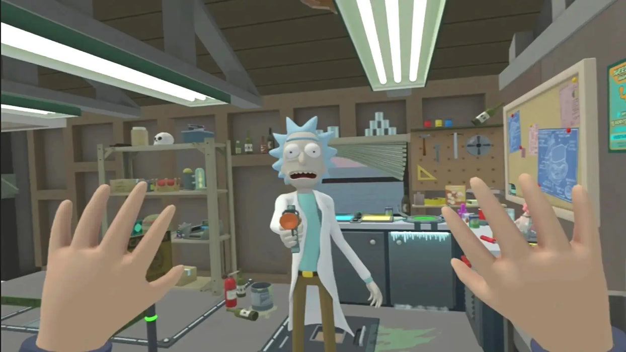 In-game screenshot from Rick and Morty: Virtual Rick-ality showing Rick pointing a device at the player inside his iconic garage lab. Experience immersive VR chaos—buy the Steam key now at RushGame.co