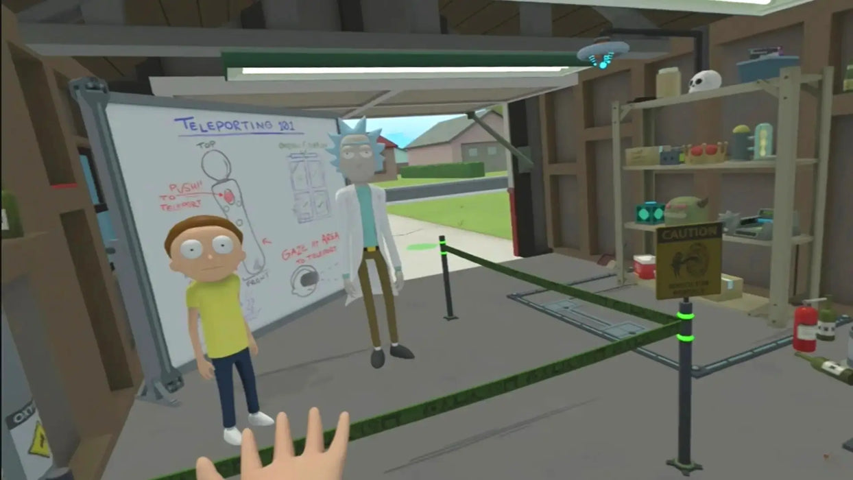 Gameplay scene from Rick and Morty: Virtual Rick-ality with Morty standing next to a teleportation schematic in the garage. Explore absurd VR mechanics—get your PC Steam CD Key from RushGame.co